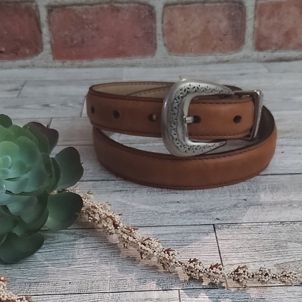 Dexter Women's Western Brown Leather Belt with Silver Buckle And Accents Size S